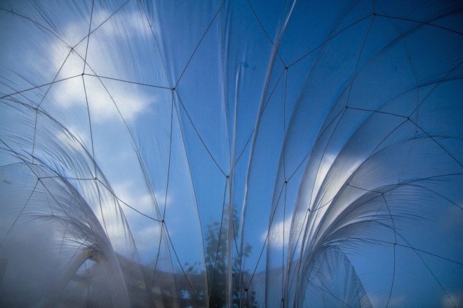 Loop.pH, River Thames, Nine Elms, Nine Elms Horticultural Spa & Apothecary Experience, Horticultural Spa & Apothecary Experience, greenhouse, London, Riverside Gardens, Buckminster Fuller, fog, mist, experimental public space, urban intervention, birch, plywood, PVC membrane, London Festival of Architecture, Chelsea Fringe