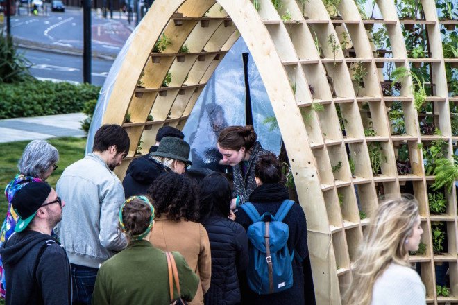 Loop.pH, River Thames, Nine Elms, Nine Elms Horticultural Spa & Apothecary Experience, Horticultural Spa & Apothecary Experience, greenhouse, London, Riverside Gardens, Buckminster Fuller, fog, mist, experimental public space, urban intervention, birch, plywood, PVC membrane, London Festival of Architecture, Chelsea Fringe