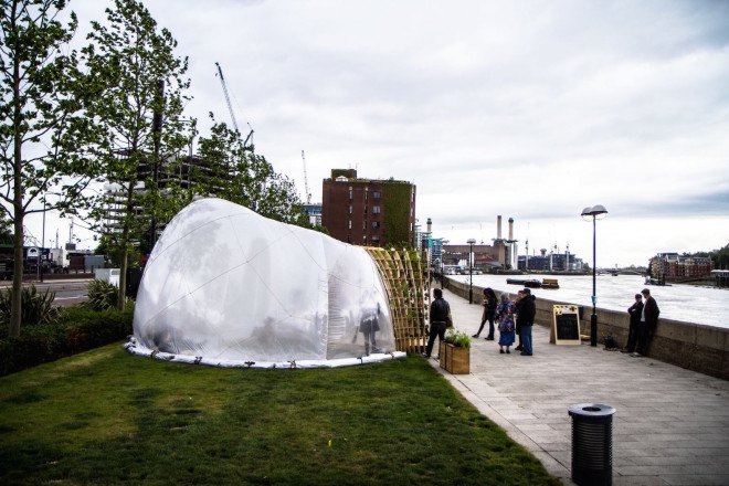 Loop.pH, River Thames, Nine Elms, Nine Elms Horticultural Spa & Apothecary Experience, Horticultural Spa & Apothecary Experience, greenhouse, London, Riverside Gardens, Buckminster Fuller, fog, mist, experimental public space, urban intervention, birch, plywood, PVC membrane, London Festival of Architecture, Chelsea Fringe