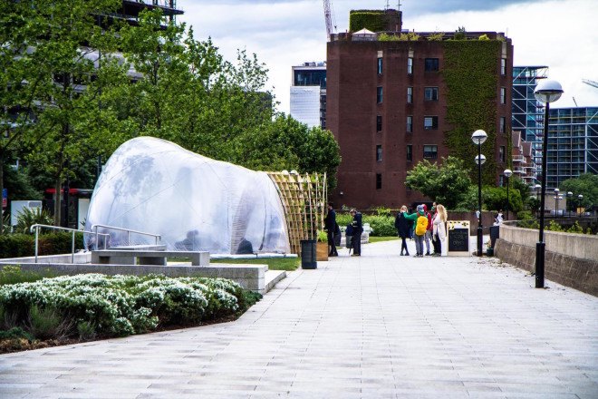 Loop.pH, River Thames, Nine Elms, Nine Elms Horticultural Spa & Apothecary Experience, Horticultural Spa & Apothecary Experience, greenhouse, London, Riverside Gardens, Buckminster Fuller, fog, mist, experimental public space, urban intervention, birch, plywood, PVC membrane, London Festival of Architecture, Chelsea Fringe