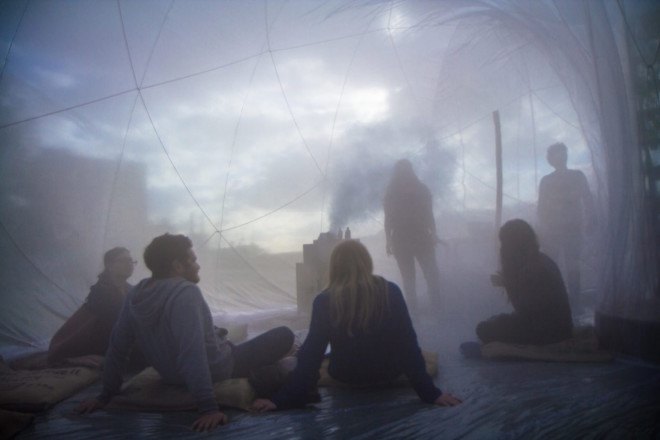 Loop.pH, River Thames, Nine Elms, Nine Elms Horticultural Spa & Apothecary Experience, Horticultural Spa & Apothecary Experience, greenhouse, London, Riverside Gardens, Buckminster Fuller, fog, mist, experimental public space, urban intervention, birch, plywood, PVC membrane, London Festival of Architecture, Chelsea Fringe