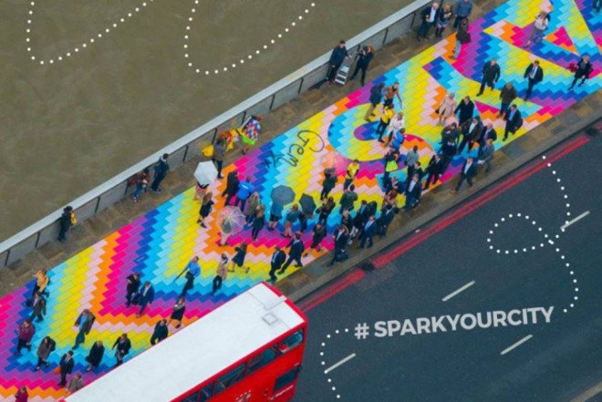 Spark Your City, one-day event, colorful urban carpet, London Bridge, pop-up installation, public design, gloomy monday, love mondays