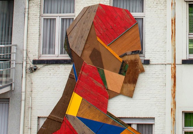 Stefaan De Croock, reclaimed wood, reclaimed materials, salvaged materials, reused materials, wooden art, art installation, murals, Belgian artist, green design, green art