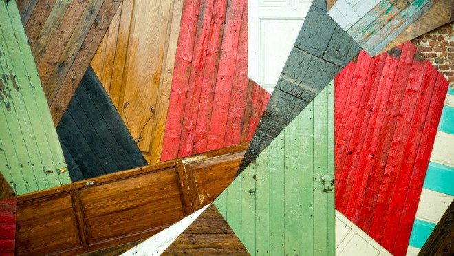 Stefaan De Croock, reclaimed wood, reclaimed materials, salvaged materials, reused materials, wooden art, art installation, murals, Belgian artist, green design, green art