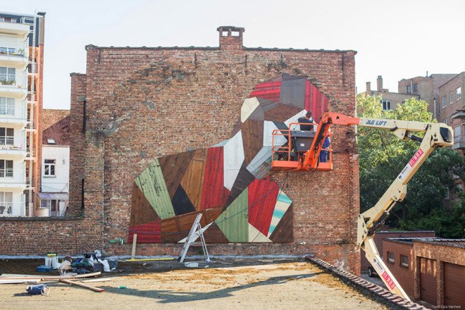 Stefaan De Croock, reclaimed wood, reclaimed materials, salvaged materials, reused materials, wooden art, art installation, murals, Belgian artist, green design, green art