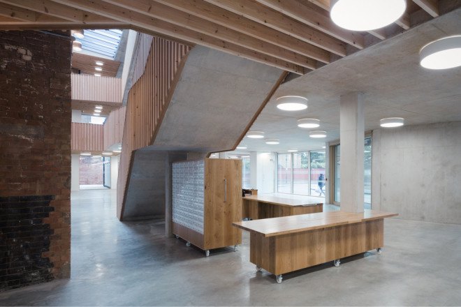 central atrium, natural light, RIBA, Architecture 00, The Foundry, The Foundry by Architecture 00, BREEAM, BREEAM Excellent, RIBA London Regional Award, Vauxhall, factory building, energy efficiency, social justice center, sustainable building, 2015 RIBA London Building of the Year, adaptive reuse, repurposed building
