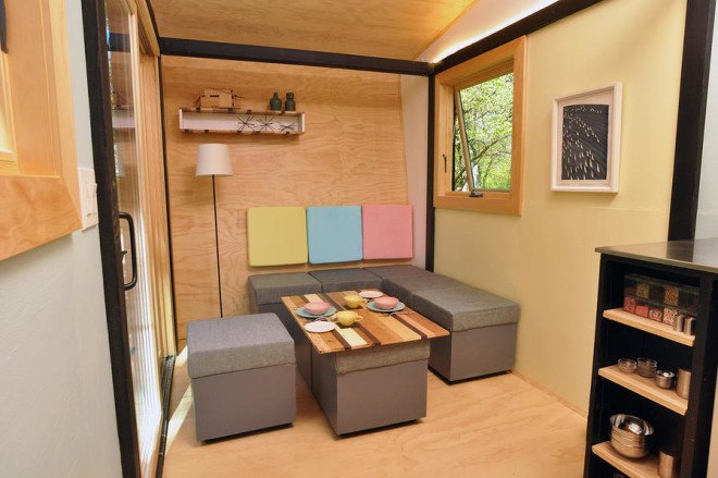 Toybox tiny home, tiny house, tiny home, toybox home, modern tiny home, LED, transforming furniture, spacesaving design, blown in blanket insulation, radiant floor heating,