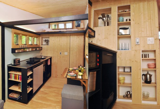 Toybox tiny home, tiny house, tiny home, toybox home, modern tiny home, LED, transforming furniture, spacesaving design, blown in blanket insulation, radiant floor heating,