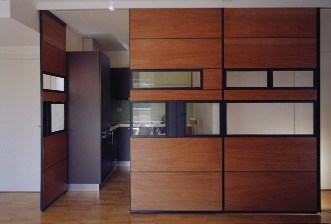 Officina Leonardo, Rome, Italy, green renovation, apartment transformation, wood siding, wood cladding, sliding doors, natural light, twin flats, mosaic floors, parquet floor