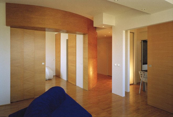 Officina Leonardo, Rome, Italy, green renovation, apartment transformation, wood siding, wood cladding, sliding doors, natural light, twin flats, mosaic floors, parquet floor