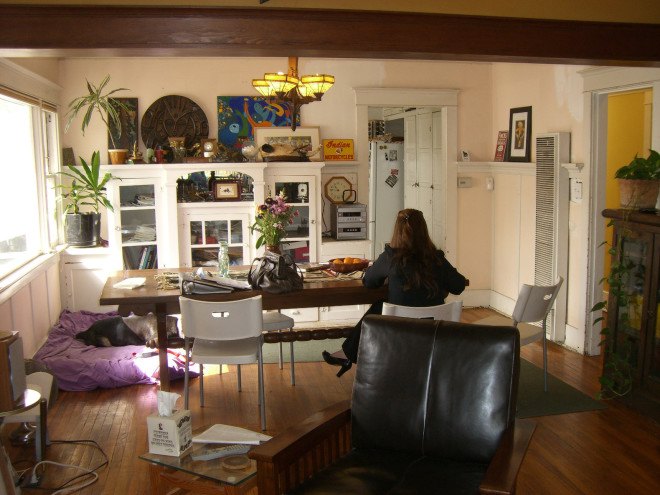los angeles bungalow, sarah barnard, sarah barnard design, sustainable design home, flipping a bungalow home, flipping homes, 1918 bungalow home, environmentally friendly design, sun tubes, recycled beer bottle countertops, bowling alley desk