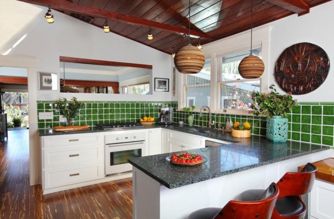 los angeles bungalow, sarah barnard, sarah barnard design, sustainable design home, flipping a bungalow home, flipping homes, 1918 bungalow home, environmentally friendly design, sun tubes, recycled beer bottle countertops, bowling alley desk