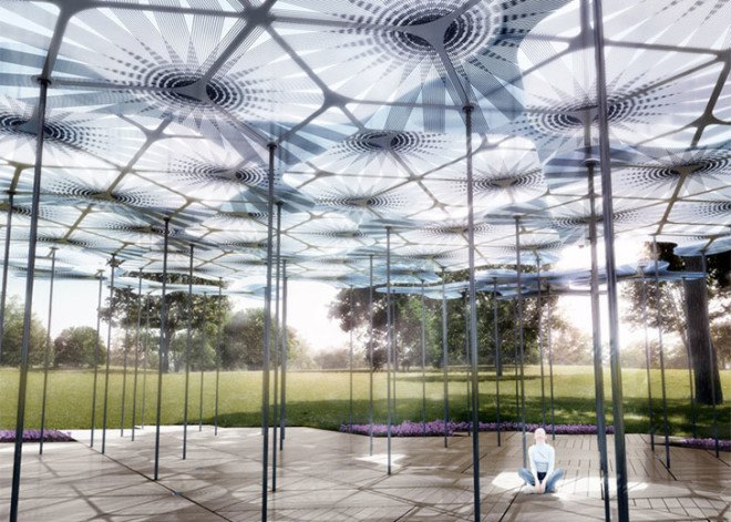 Amanda Levete, temporary pavilion, MPavilion, Melbourne, LED lights, green lighting, temporary structures, green architecture, llightweight materials, carbon fiber, composite materials