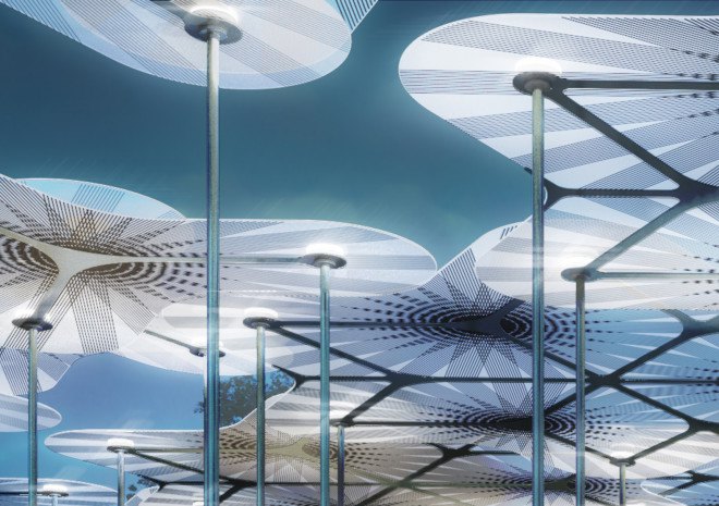Amanda Levete, temporary pavilion, MPavilion, Melbourne, LED lights, green lighting, temporary structures, green architecture, llightweight materials, carbon fiber, composite materials