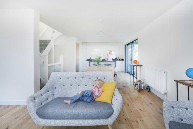 Adam Knibb, twin wooden homes, Cedar Lodges, Winchester, floating homes, cedar clad, window-less,