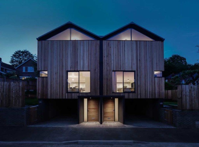Adam Knibb, twin wooden homes, Cedar Lodges, Winchester, floating homes, cedar clad, window-less,