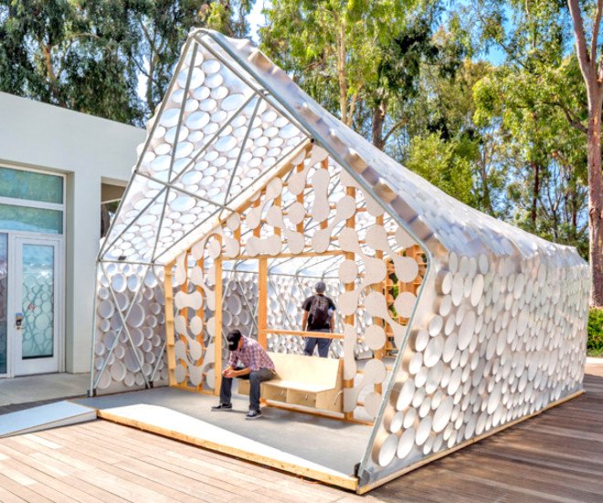 BI(h)OME, low-impact home, small housing, tiny homes, recyclable materials, LED lighting, ETFE, pop-up housing, solar power, solar panels, energy-efficient lighting, CityLAB, UCLA