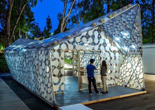 BI(h)OME, low-impact home, small housing, tiny homes, recyclable materials, LED lighting, ETFE, pop-up housing, solar power, solar panels, energy-efficient lighting, CityLAB, UCLA