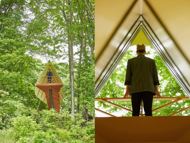 Noma Bar, momofuku center, Momofuku Ando Foundation, treehouse, Komoro, Mount Asana, Japan, bird shaped treehouse, leaf inspired art, art installation, birds eye view,