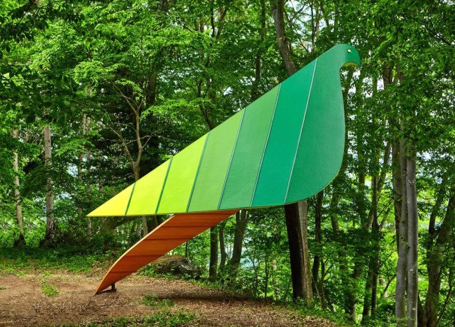 Noma Bar, momofuku center, Momofuku Ando Foundation, treehouse, Komoro, Mount Asana, Japan, bird shaped treehouse, leaf inspired art, art installation, birds eye view,
