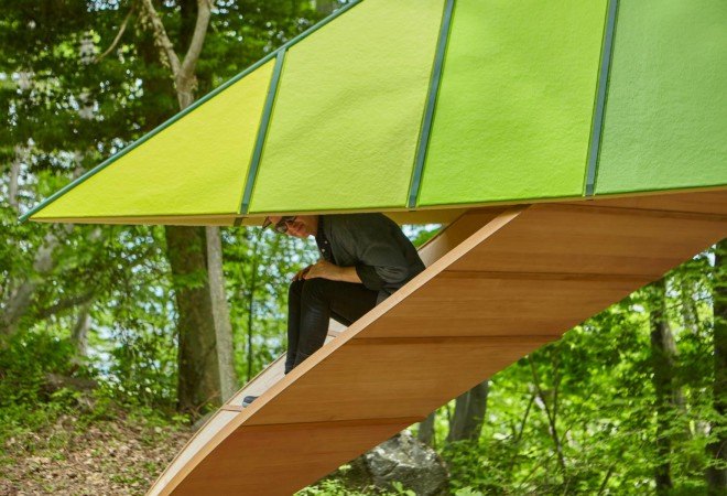 Noma Bar, momofuku center, Momofuku Ando Foundation, treehouse, Komoro, Mount Asana, Japan, bird shaped treehouse, leaf inspired art, art installation, birds eye view,