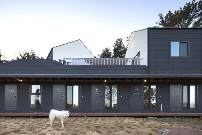 Bow-wow House, Bow-wow house by Design Band YOAP, Design Band YOAP, dog friendly house, dog friendly guesthouse, bow wow house south korea, south korea, south korea architecture, timber framed architecture, timber framed house, asphalt shingles, cement siding panels, dog guesthouse,