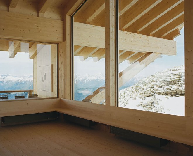 Herzog & de Meuron, Chäserrugg restaurant, building conversion, wooden building, Alpine architecture, built-in furniture, pitched roof, green architecture, locally sourced materials