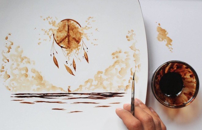 Ghidaq, Ghidaq al-Nizar, coffeetopia, coffee art, coffee grind art, coffee stains on leaves, leaf art, zerowastecoffee, coffee paints, coffee painting