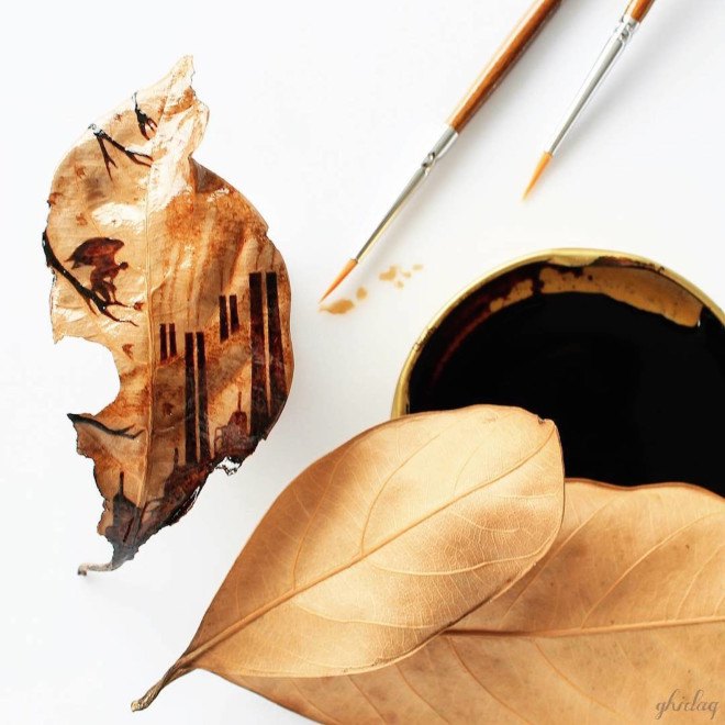 Ghidaq, Ghidaq al-Nizar, coffeetopia, coffee art, coffee grind art, coffee stains on leaves, leaf art, zerowastecoffee, coffee paints, coffee painting