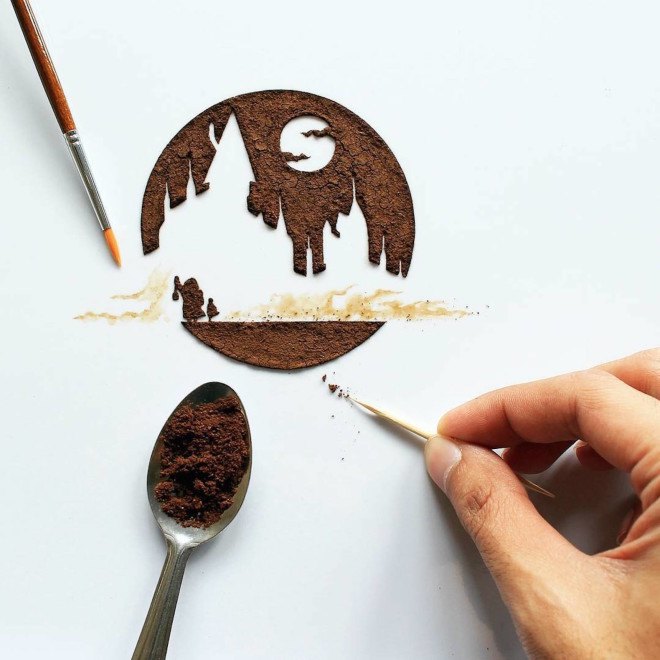 Ghidaq, Ghidaq al-Nizar, coffeetopia, coffee art, coffee grind art, coffee stains on leaves, leaf art, zerowastecoffee, coffee paints, coffee painting