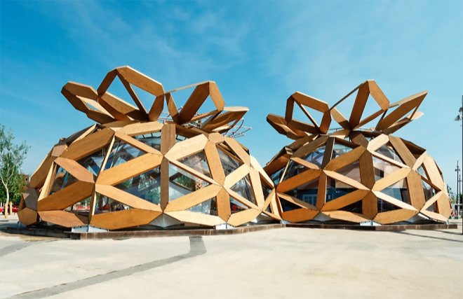 green design, eco design, sustainable design, Love IT Pavilion, Copagri, Expo Milano 2015, EMBT, temporary pavilion, open lattice pavilion, double dome pavilion