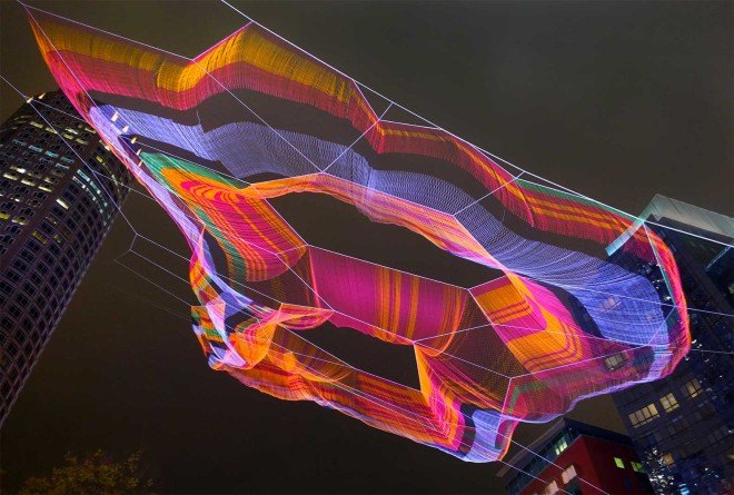 Janet Echelman, hand-knitted aerial sculpture, 'As If It Were Already Here', Boston, Boston park sculpture, Arup, polyethylene fiber net