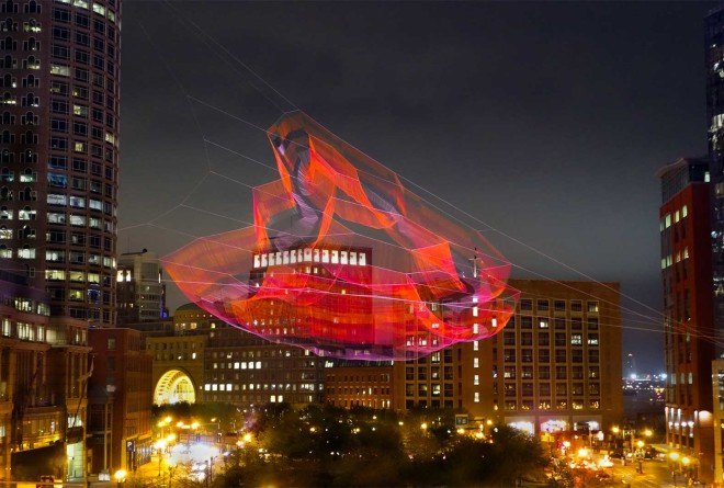 Janet Echelman, hand-knitted aerial sculpture, 'As If It Were Already Here', Boston, Boston park sculpture, Arup, polyethylene fiber net