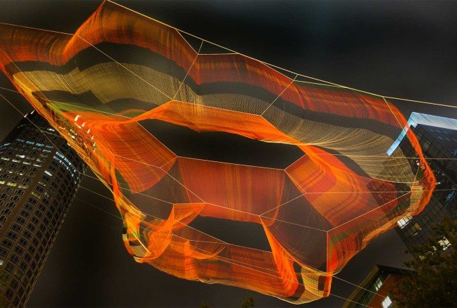 Janet Echelman, hand-knitted aerial sculpture, 'As If It Were Already Here', Boston, Boston park sculpture, Arup, polyethylene fiber net