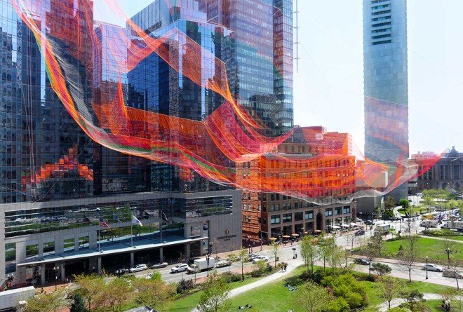 Janet Echelman, hand-knitted aerial sculpture, 'As If It Were Already Here', Boston, Boston park sculpture, Arup, polyethylene fiber net
