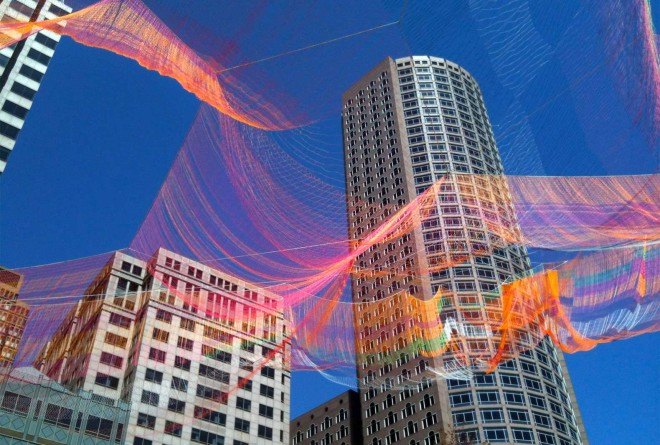 Janet Echelman, hand-knitted aerial sculpture, 'As If It Were Already Here', Boston, Boston park sculpture, Arup, polyethylene fiber net
