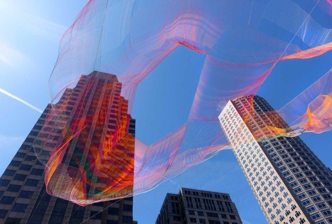 Janet Echelman, hand-knitted aerial sculpture, 'As If It Were Already Here', Boston, Boston park sculpture, Arup, polyethylene fiber net