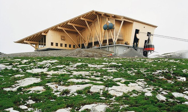 Herzog & de Meuron, Chäserrugg restaurant, building conversion, wooden building, Alpine architecture, built-in furniture, pitched roof, green architecture, locally sourced materials