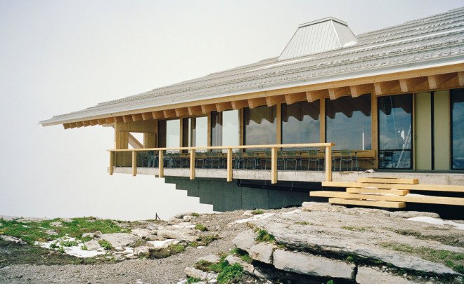 Herzog & de Meuron, Chäserrugg restaurant, building conversion, wooden building, Alpine architecture, built-in furniture, pitched roof, green architecture, locally sourced materials