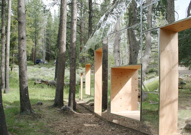 stpmj, Invisible Barn, architectural folly, mirror facade, facade design, green architecture, invisible architecture, invisible building, built-in furniture, wooden structure, bird-friendly facade, New York, art installation, green design
