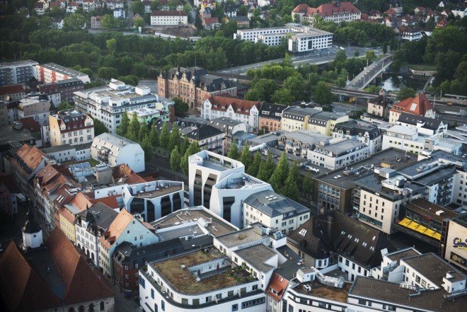 J Mayer Architects, Jena Germany, German sustainable architecture, mixed use development, residential architecture, European residential architecture, LED lighting in landscaping