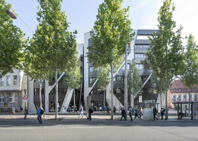 J Mayer Architects, Jena Germany, German sustainable architecture, mixed use development, residential architecture, European residential architecture, LED lighting in landscaping