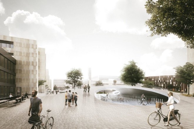 bicycle parking, University of Copenhagen, Copenhagen, COBE, KUA University Square, Amager Fælled, bicycle parking hills, bicycle friendly design, public square, urban square,