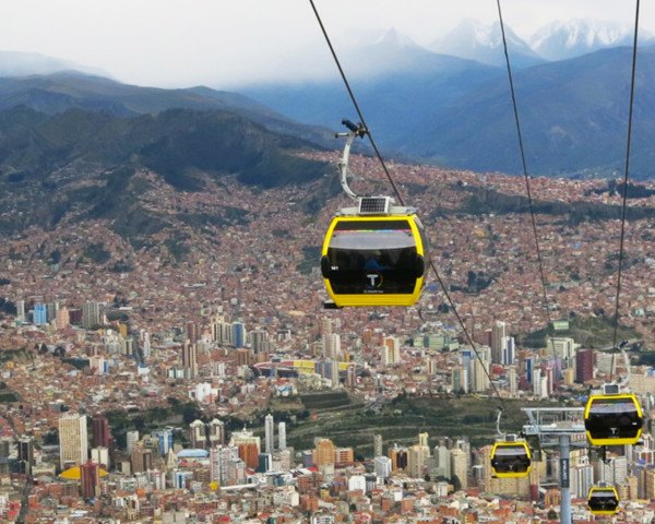 La Paz, Mi Teleferico, La Paz cable car, sustainable public transport, inclusive design, Aymara language, solar panels, sleek modern transport, pollution free, noise free, Andes Mountains views, reconnect people and places