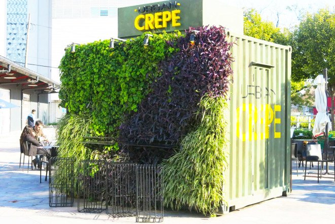 Mariana Flombaum, green-walled shipping container restaurant, Urban Crepe, Buenos Aires, Ana Lisa Alperovich, vertical green wall, recycled shipping container, food stall, French crepes