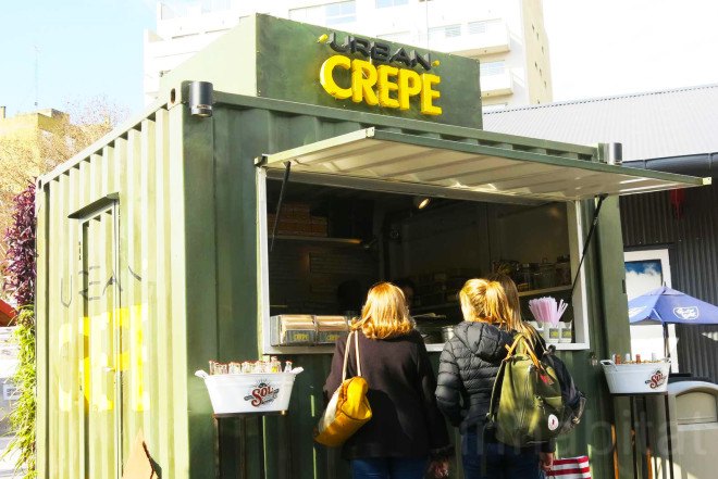 Mariana Flombaum, green-walled shipping container restaurant, Urban Crepe, Buenos Aires, Ana Lisa Alperovich, vertical green wall, recycled shipping container, food stall, French crepes