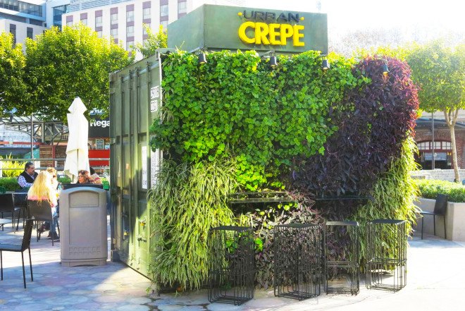 Mariana Flombaum, green-walled shipping container restaurant, Urban Crepe, Buenos Aires, Ana Lisa Alperovich, vertical green wall, recycled shipping container, food stall, French crepes
