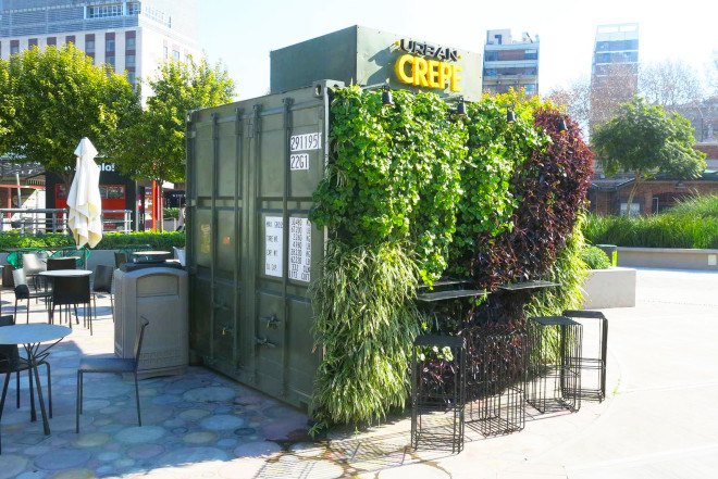 Mariana Flombaum, green-walled shipping container restaurant, Urban Crepe, Buenos Aires, Ana Lisa Alperovich, vertical green wall, recycled shipping container, food stall, French crepes