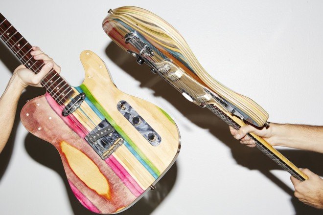 Nick Pourfard, Prisma Guitars, up cycling, reclaimed skateboards, reclaimed skateboard decks, guitars, ecofriendly company, woodworking, handmade guitars, skateboarding, guitars,