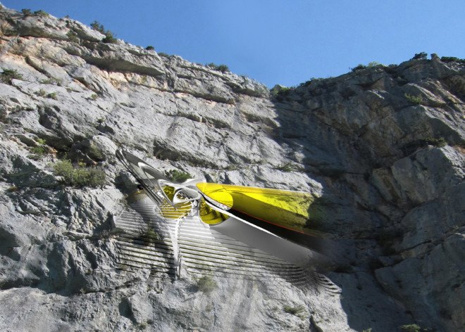 Margot Krasojevic, hanging campsite, hanging hotel, climbing, climbers, futuristic design, suspended structure, louver system, lightweight materials, carbon fiber, lightweight materials, green design, green technology
